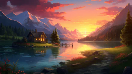 Artistic HD wallpaper of a cozy cabin by a lake, with mountains in the background, under a vibrant sunset.