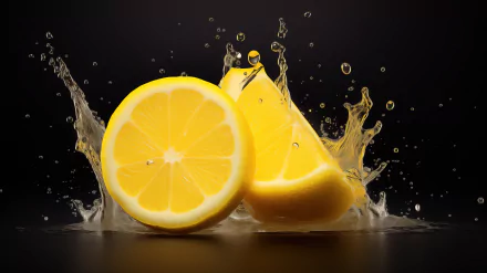 A vibrant HD wallpaper featuring fresh lemon slices with water splashes against a dark background, highlighting the refreshing essence of this popular fruit.