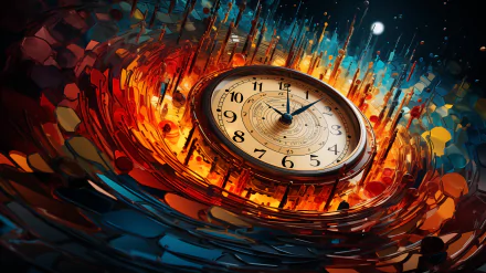 HD desktop wallpaper featuring an artistic clock amidst a swirling abstract background in vibrant colors.