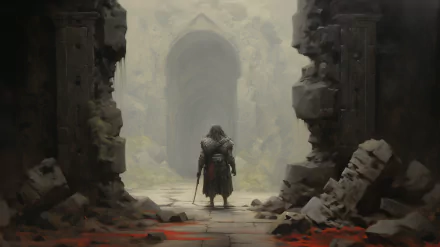 HD wallpaper featuring a warrior standing before the ruins of a castle with a grand arched entrance, embodying an epic medieval fantasy theme.