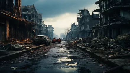 HD wallpaper of a war-torn cityscape showing destruction and abandoned vehicles, with a mood of desolation under a brooding sky.