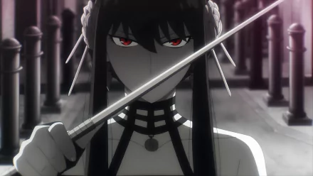 Yor Forger from Spy x Family, depicted as an assassin, grips a knife with intense red eyes in this HD anime desktop wallpaper.