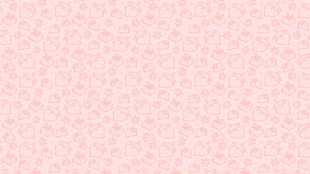 A cute, pink-themed 4K Ultra HD desktop wallpaper featuring a repeating pattern of charming strawberry illustrations and other miscellaneous fruit designs.