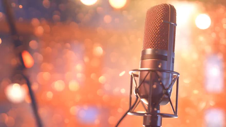 A close-up of a microphone against a blurred, colorful background of lights, creating a vibrant music-themed HD desktop wallpaper.