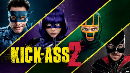 HD PC desktop wallpaper featuring main characters from the movie Kick-Ass 2, with bold yellow and red title text against a dark, textured background.