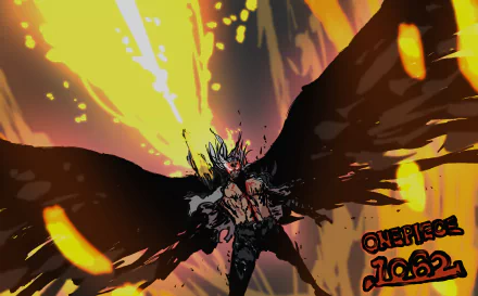 4K Ultra HD anime wallpaper featuring King from One Piece with dark wings spread wide amid fiery, intense background elements.
