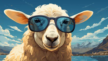 A whimsical AI art depiction of a sheep wearing stylish sunglasses, set against a scenic background, creating a fun and vibrant HD desktop wallpaper.
