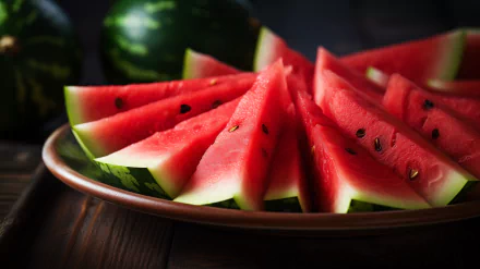 A vibrant HD wallpaper showcasing a plate of freshly sliced watermelon, with juicy red flesh and green rind, set against a dark background, inviting a refreshing summer vibe.