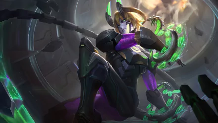 HD desktop wallpaper featuring a character from Mobile Legends: Bang Bang, poised with a glowing green weapon in a dynamic action pose.