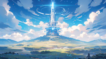 HD wallpaper featuring a futuristic tower structure in a serene landscape with dynamic skies.