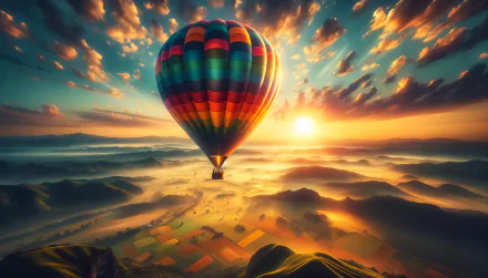 Hot air balloon soaring over patchwork fields at sunrise - HD desktop wallpaper.