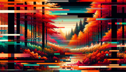 HD desktop wallpaper featuring a glitch art forest scene with vibrant fall colors.