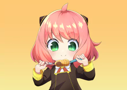 Anya Forger from Spy x Family enjoys a snack in this vibrant 4K Ultra HD anime PC desktop wallpaper.