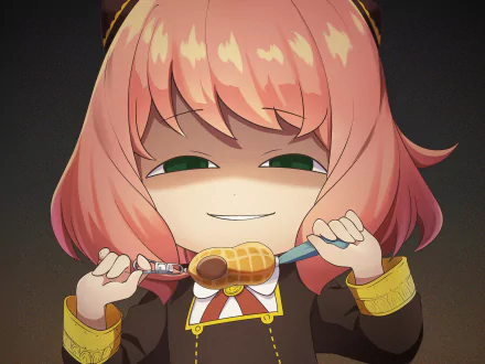 HD PC desktop wallpaper featuring Anya Forger from the anime Spy x Family, holding a spoon with a small waffle and smiling mischievously.