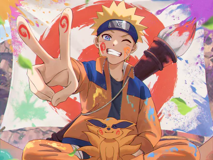 HD anime wallpaper featuring Naruto Uzumaki smiling and flashing a peace sign, with Kurama resting on his lap, vibrant colors highlighting the Naruto series theme.