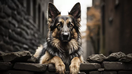 A captivating HD desktop wallpaper featuring a German Shepherd resting on rocks, with a backdrop of textured stone walls, showcasing its striking features and expressive gaze.