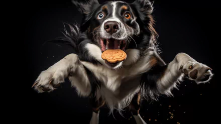 Excited Border Collie catching a biscuit in mid-air against a black background, HD wallpaper.