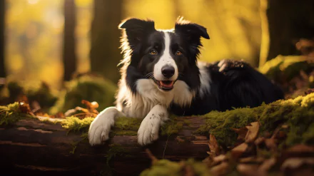 HD desktop wallpaper featuring a Border Collie lying on a mossy log in a sunlit forest.