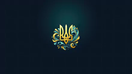 Ukraine's golden trident emblem adorned with blue and gold ornamental flourishes on a dark background, rendered as an 8K Ultra HD PC desktop wallpaper.