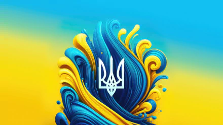 Ukraine 8K Ultra HD PC desktop wallpaper: stylized trident (tryzub) centered amid vivid blue and yellow swirling paint waves on a soft gradient background.
