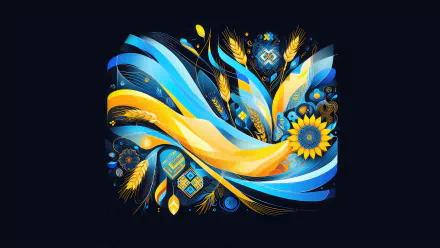 8K Ultra HD PC desktop wallpaper: stylized Ukrainian flag of flowing blue and yellow ribbons with sunflowers, wheat and traditional folk motifs on a dark background.