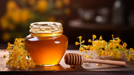 HD desktop wallpaper featuring a clear glass jar full of golden honey, with a wooden honey dipper and yellow flowers in the background, symbolizing natural sweetness.