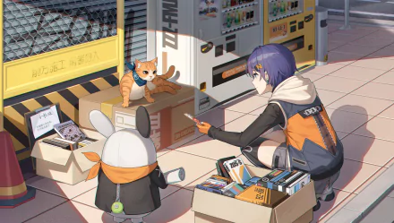 4K Ultra HD PC wallpaper featuring Belle from Zenless Zone Zero interacting with a cat near vending machines in a detailed urban setting.