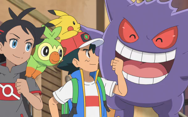 HD wallpaper of Ash Ketchum and Pikachu with Goh, Grookey, and Gengar from Pokémon Ultimate Journeys: The Series.