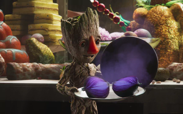 A vibrant HD desktop wallpaper from the TV show I Am Groot, featuring Groot holding a plate with purple fruit, surrounded by colorful produce in a fun, whimsical setting.