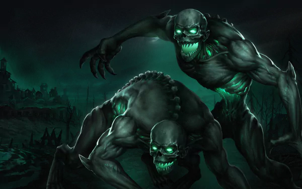 HD wallpaper featuring menacing creatures from Age of Darkness: Final Stand video game, set against a dark, eerie background with a haunted castle silhouette.