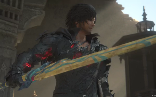 HD desktop wallpaper featuring Clive Rosfield from Final Fantasy XVI, clad in detailed armor with a vibrant sword, set in a stone-architectured backdrop.
