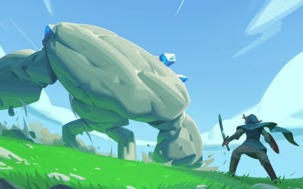 HD desktop wallpaper featuring a stylized scene from The Legend of Zelda with a character facing a stone creature on a vibrant, grassy landscape.
