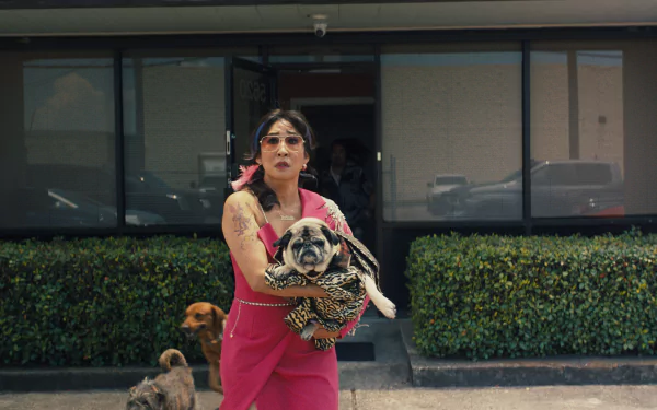 Woman in pink dress holding a pug with other dogs in the background, HD Quiz Lady desktop wallpaper.