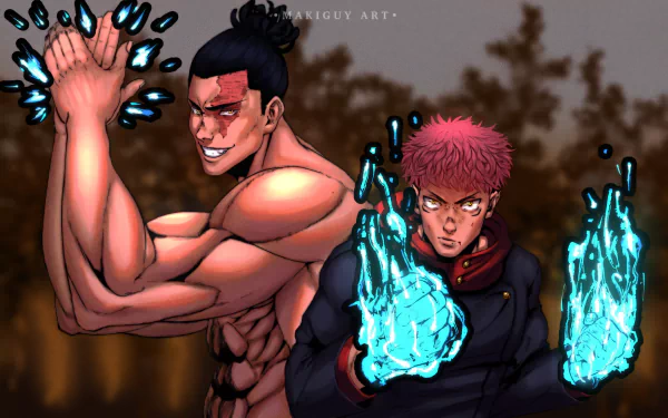 HD desktop wallpaper of Aoi Todo and Yuji Itadori from Jujutsu Kaisen, featuring dynamic poses with supernatural energy effects.