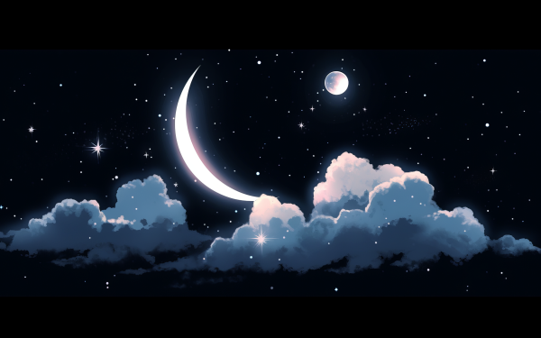Crescent moon shining above puffy clouds on a starry night sky HD wallpaper for desktop background.