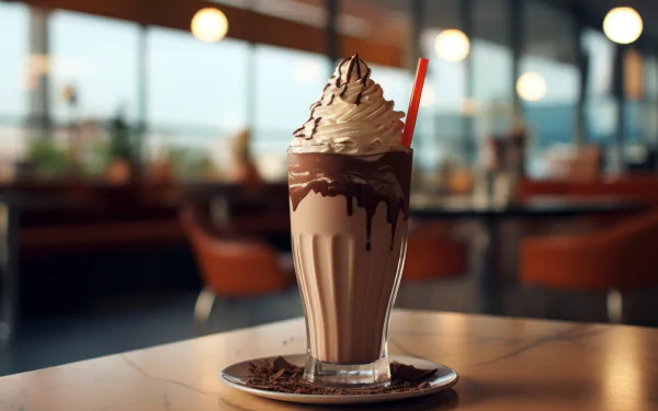 HD desktop wallpaper of a decadent chocolate milkshake with whipped cream topping, set against a cozy cafe background.