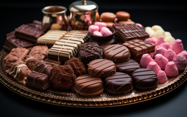 HD wallpaper featuring an assortment of fine chocolates and sweets on a decorative tray, perfect for a chocolate lover's desktop background.