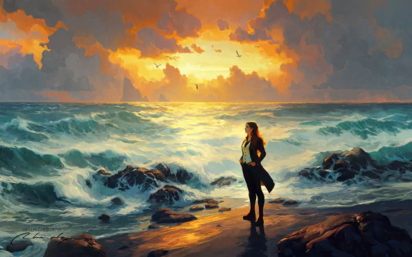 HD desktop wallpaper featuring an artistic oil painting of a woman on a beach at sunset, with vivid orange skies and turbulent ocean waves.