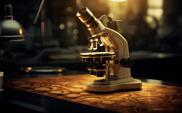 HD desktop wallpaper featuring a detailed, artful depiction of a microscope in a warmly lit medical or scientific setting.