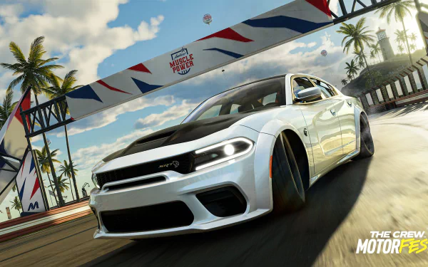 HD wallpaper of a white sports car racing at The Crew Motorfest event, showcasing dynamic driving action against a tropical backdrop with event banners fluttering in the sky.