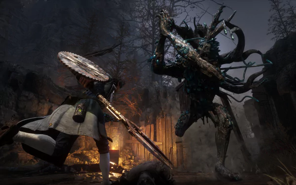 Lies Of P video game HD wallpaper featuring intense battle scene with character and monster for desktop background.