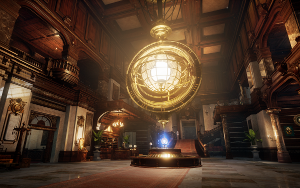 HD wallpaper featuring a grandiose interior scene from Lies Of P video game, showcasing intricate architecture and a prominent chandelier, perfect for desktop background.