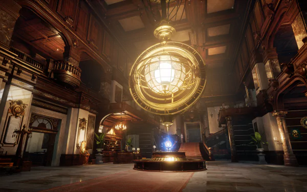 A stunning HD wallpaper from the video game Lies Of P, showcasing an opulent interior with a grand golden light fixture and elegant architectural details.