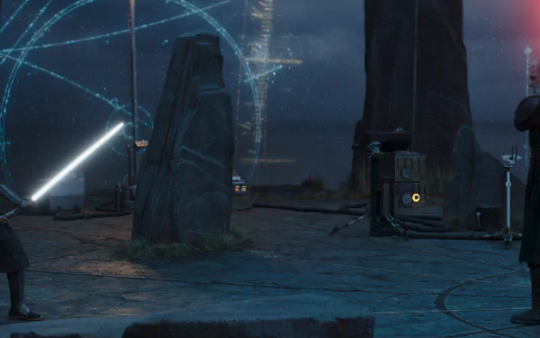 HD Wallpaper with Ahsoka Tano and Baylan Skoll in a lightsaber duel scene for desktop background.