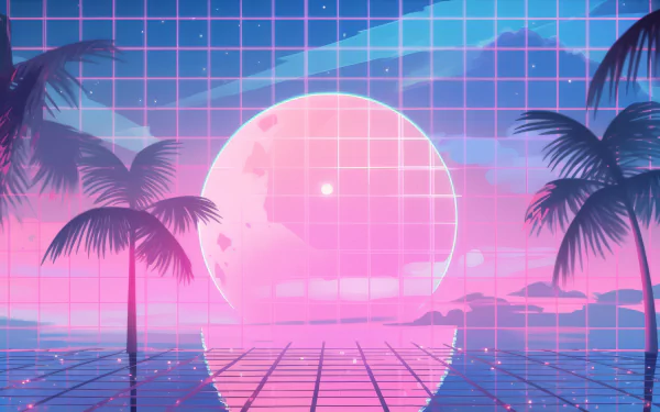 A vibrant vaporwave scene featuring a large pink moon, palm trees, and a grid landscape, all in retro wave aesthetics, creating an artistic HD desktop wallpaper.