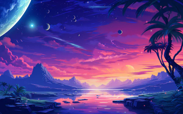 HD desktop wallpaper featuring a vibrant Y2K-inspired fantasy landscape with vivid sunset, multiple planets, stars, and silhouetted palm trees.