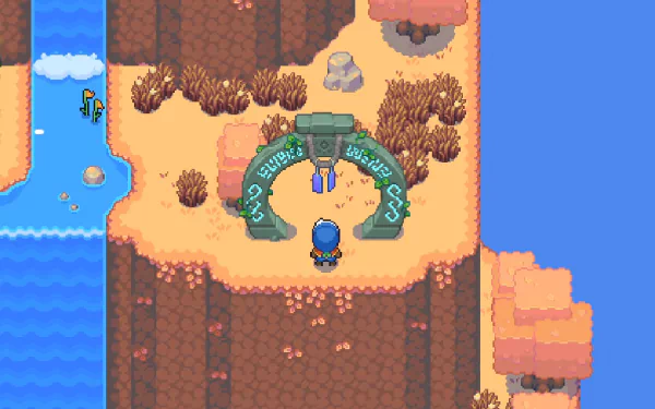 HD desktop wallpaper featuring a pixel art scene from Moonstone Island with a character standing in front of a mystical portal on a serene coastal landscape.