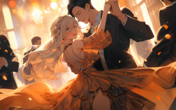 Elegant anime couple dancing at a ball HD wallpaper.