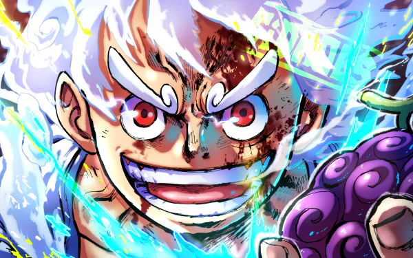 Brave pirate Monkey D. Luffy in stunning Gear 5 transformation from the anime One Piece, featured on a vibrant HD desktop wallpaper.