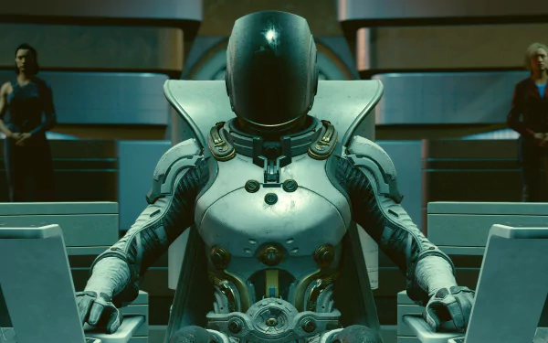 Sci-fi themed HD desktop wallpaper featuring a character in a futuristic suit sitting before a control panel with starfield backdrop.